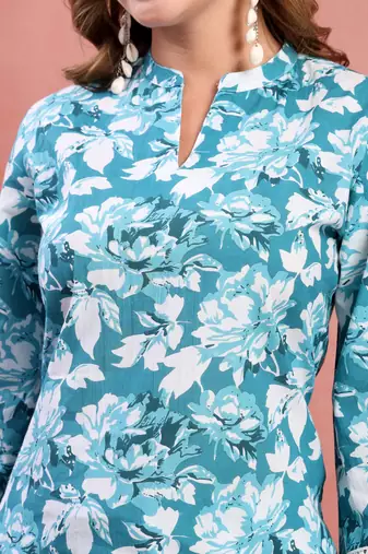 Women light blue cotton floral printed co ord sets stitched