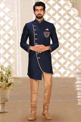 Navy blue dupion arts silkstraight design with emb all over work indo western
