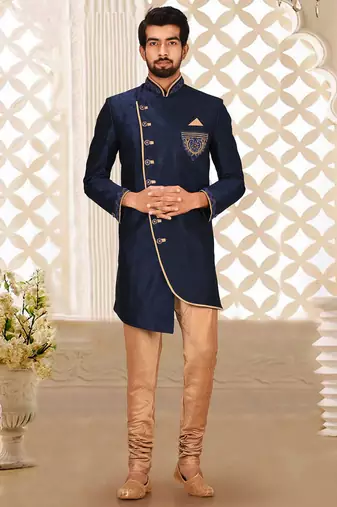 Navy blue dupion arts silkstraight design with emb all over work indo western