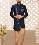 Navy blue dupion arts silkstraight design with emb all over work indo western