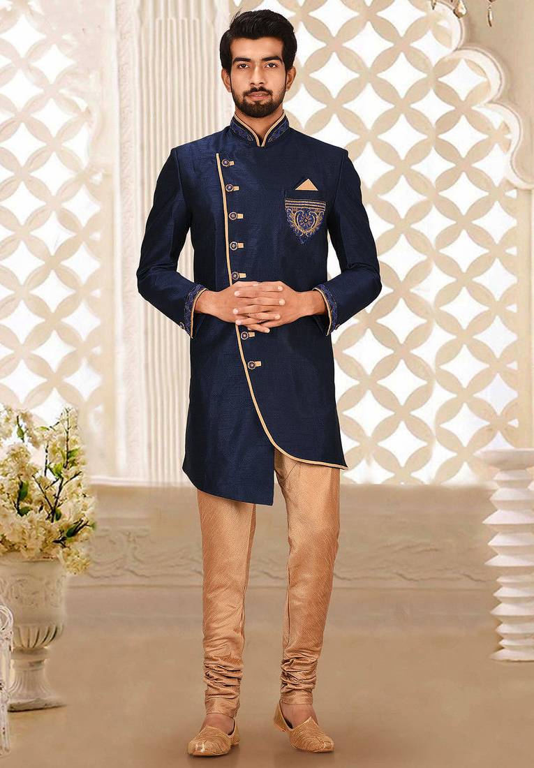 Navy blue dupion arts silkstraight design with emb all over work indo western