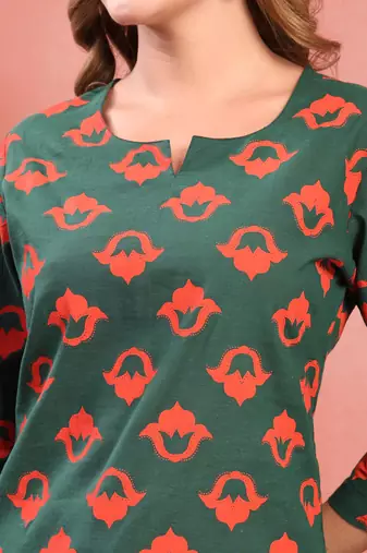 Women green cotton floral printed co ord sets stitched
