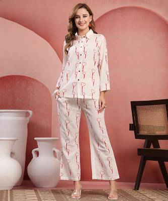 Women white red cotton floral printed co ord sets stitched 1