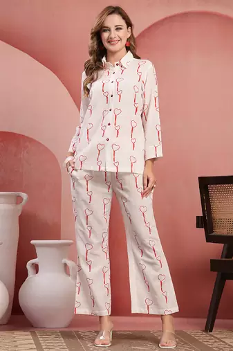 Women white red cotton floral printed co ord sets stitched