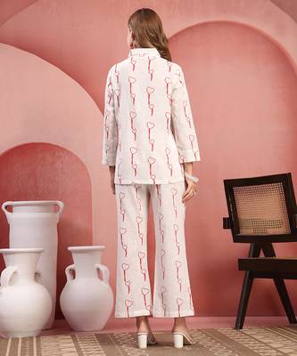 Women white red cotton floral printed co ord sets stitched 2