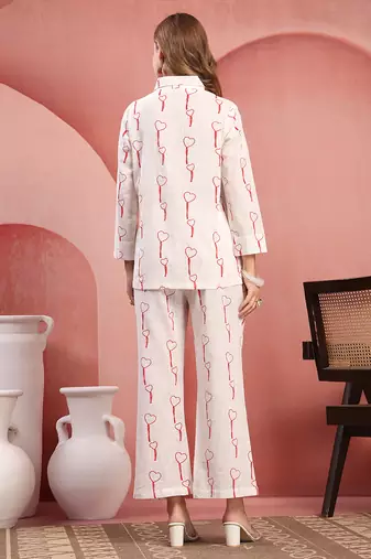 Women white red cotton floral printed co ord sets stitched