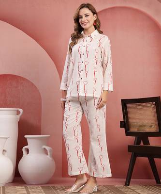 Women white red cotton floral printed co ord sets stitched 3