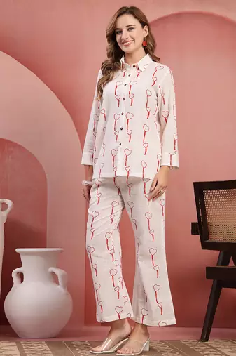 Women white red cotton floral printed co ord sets stitched