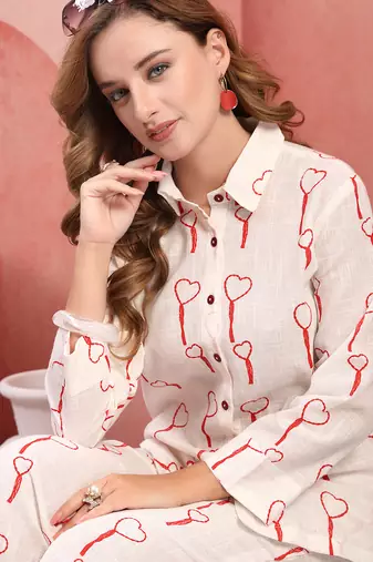 Women white red cotton floral printed co ord sets stitched