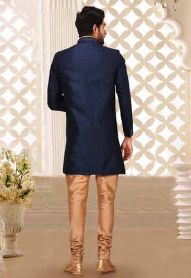 Navy blue dupion arts silkstraight design with emb all over work indo western 3