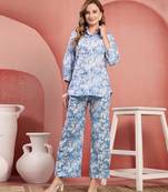 Women sky blue cotton floral printed co ord sets stitched