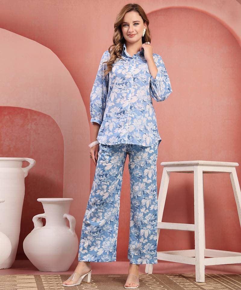 Women sky blue cotton floral printed co ord sets stitched