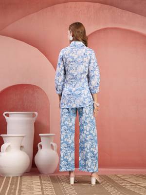 Women sky blue cotton floral printed co ord sets stitched 2