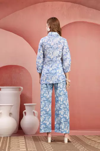Women sky blue cotton floral printed co ord sets stitched