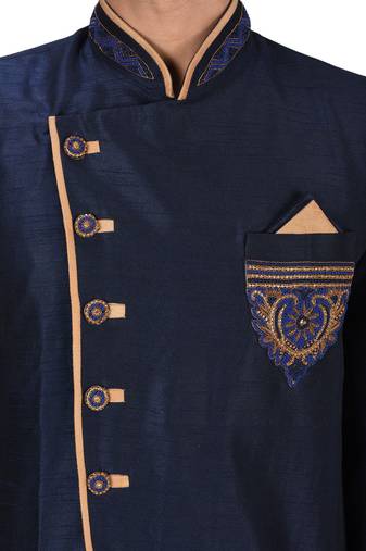 Navy blue dupion arts silk anghrakha design with hand work on collar, hand and chest pocket indo western