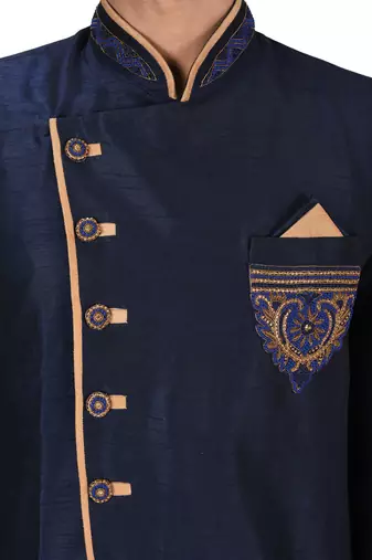 Navy blue dupion arts silk anghrakha design with hand work on collar, hand and chest pocket indo western