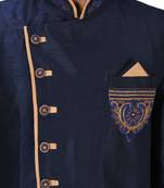 Navy blue dupion arts silk anghrakha design with hand work on collar, hand and chest pocket indo western