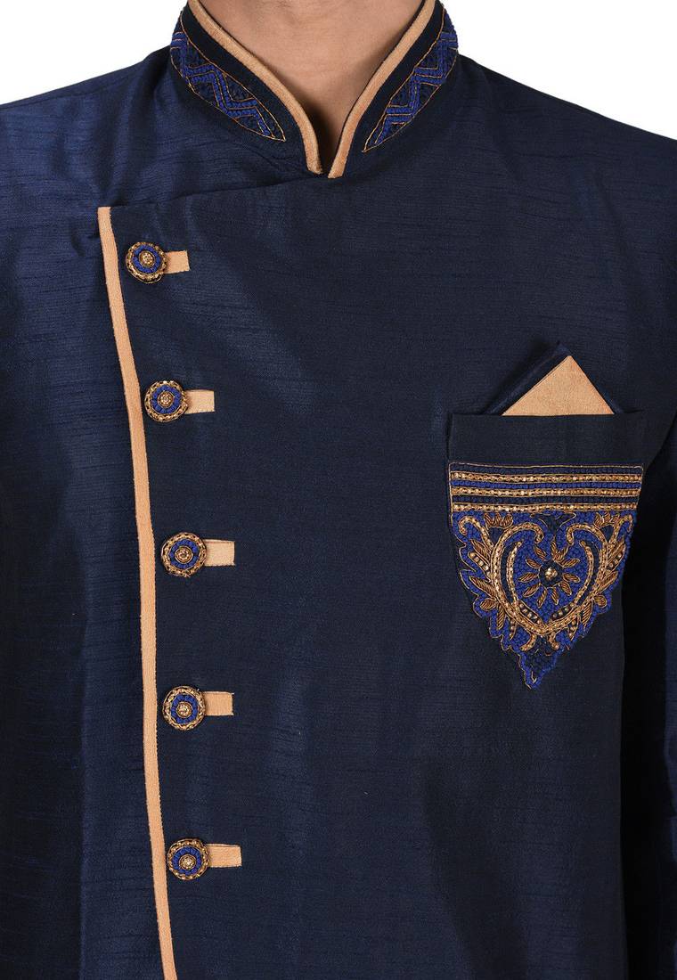 Navy blue dupion arts silk anghrakha design with hand work on collar, hand and chest pocket indo western