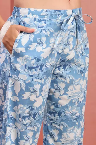 Women sky blue cotton floral printed co ord sets stitched
