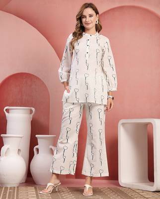 Women white green cotton floral printed co ord sets stitched 1