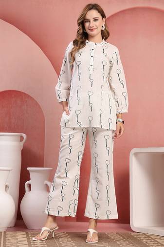 Women white green cotton floral printed co ord sets stitched