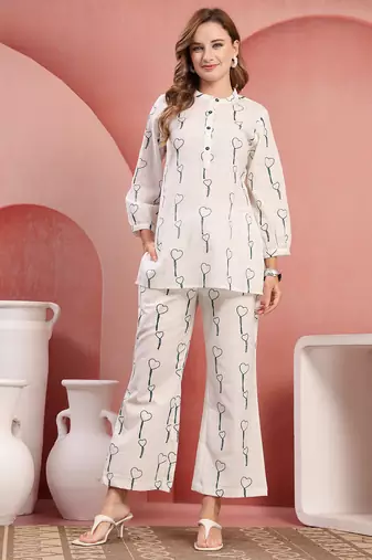 Women white green cotton floral printed co ord sets stitched
