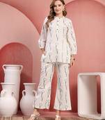 Women white green cotton floral printed co ord sets stitched