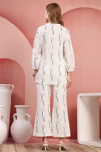 Women white green cotton floral printed co ord sets stitched