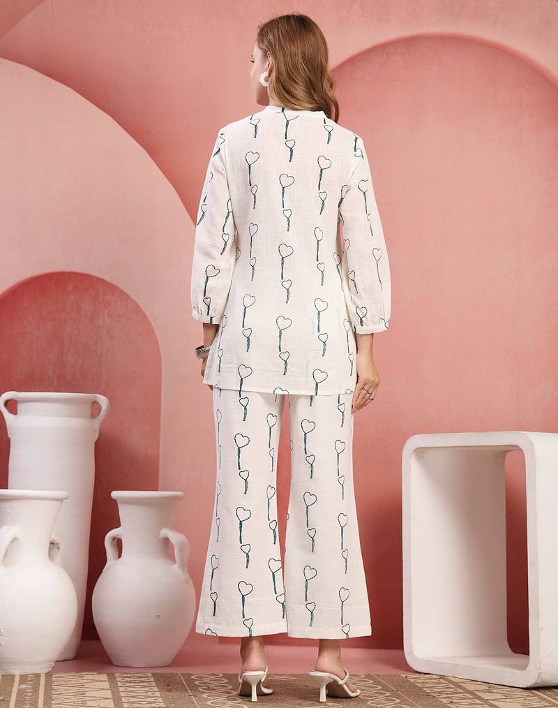 Women white green cotton floral printed co ord sets stitched