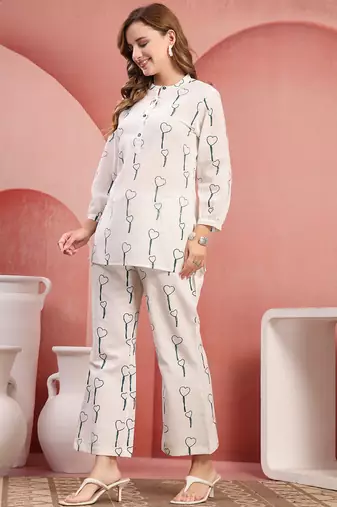 Women white green cotton floral printed co ord sets stitched