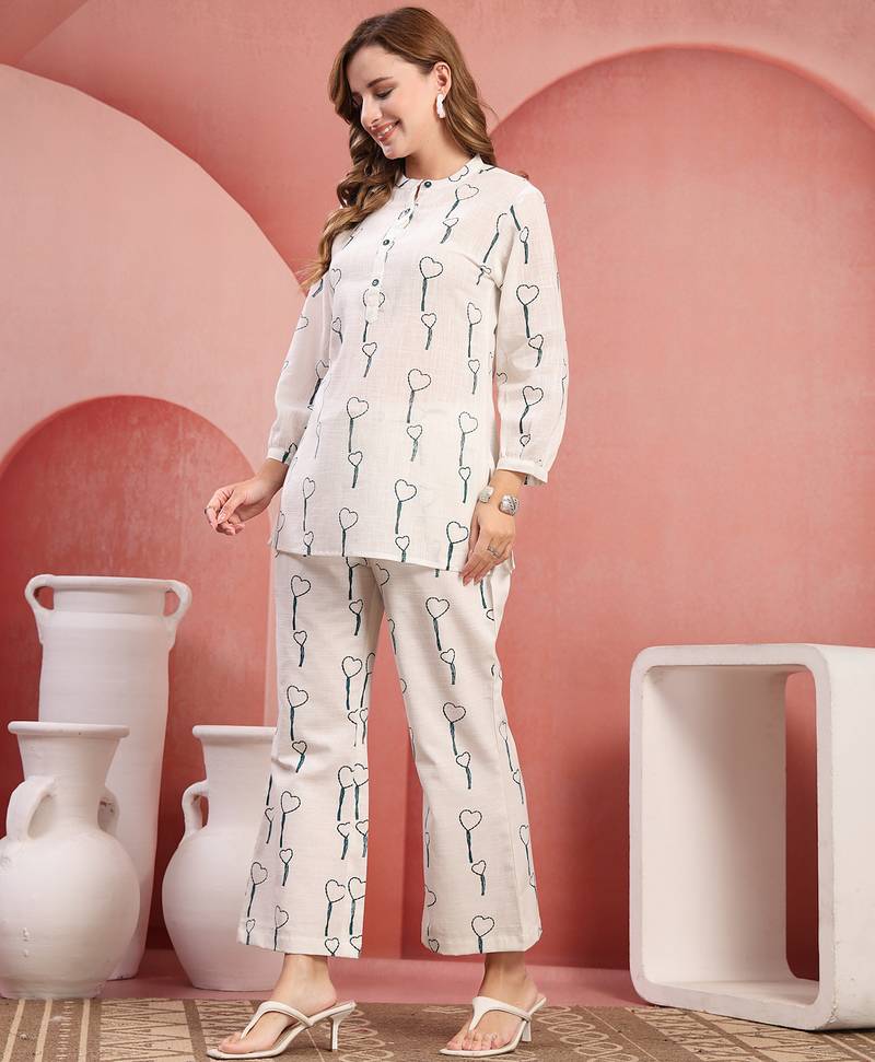 Women white green cotton floral printed co ord sets stitched