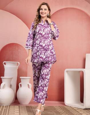 Women purple cotton floral printed co ord sets stitched 1