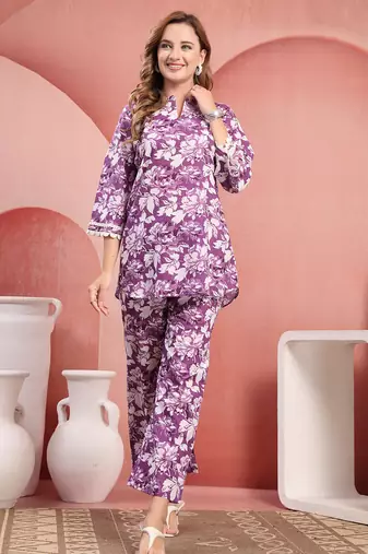 Women purple cotton floral printed co ord sets stitched