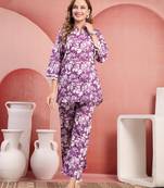 Women purple cotton floral printed co ord sets stitched