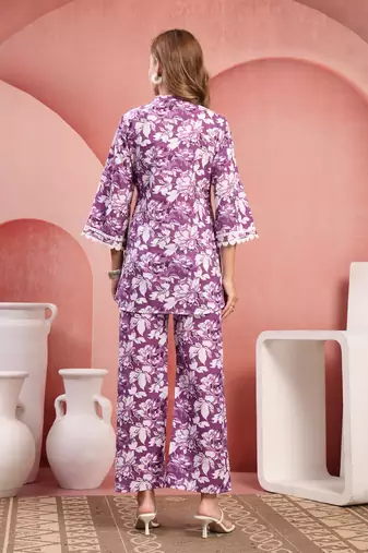 Women purple cotton floral printed co ord sets stitched