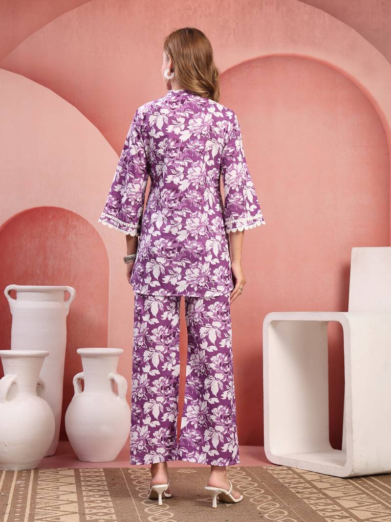 Women purple cotton floral printed co ord sets stitched