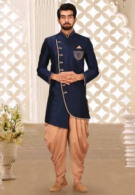Navy blue dupion arts silk anghrakha design with hand work on collar, hand and chest pocket indo western 1