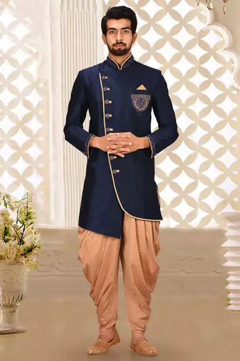 Navy blue dupion arts silk anghrakha design with hand work on collar, hand and chest pocket indo western