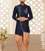 Navy blue dupion arts silk anghrakha design with hand work on collar, hand and chest pocket indo western