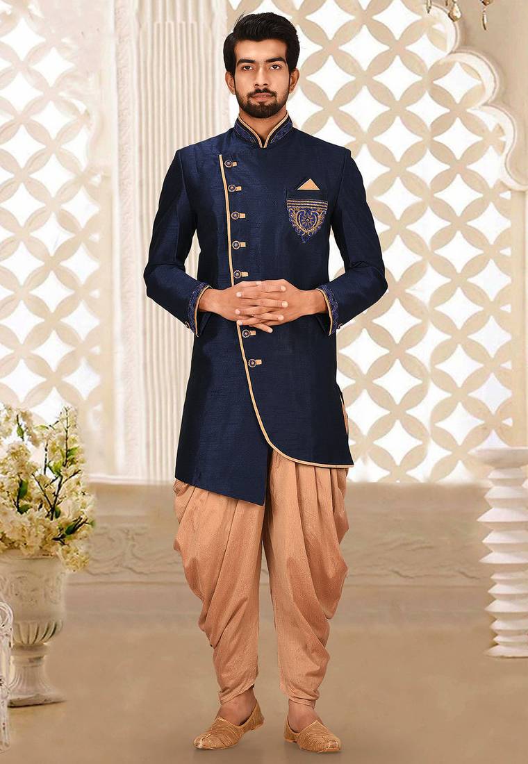 Navy blue dupion arts silk anghrakha design with hand work on collar, hand and chest pocket indo western