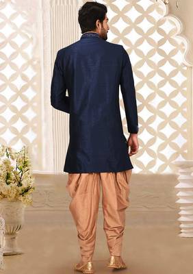 Navy blue dupion arts silk anghrakha design with hand work on collar, hand and chest pocket indo western 2