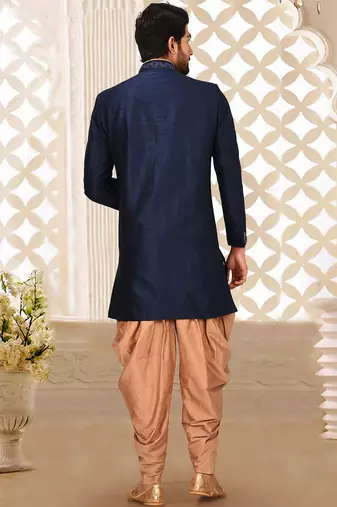 Navy blue dupion arts silk anghrakha design with hand work on collar, hand and chest pocket indo western