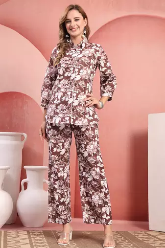 Women brown cotton floral printed co ord sets stitched