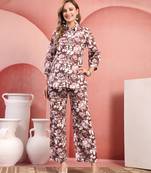 Women brown cotton floral printed co ord sets stitched