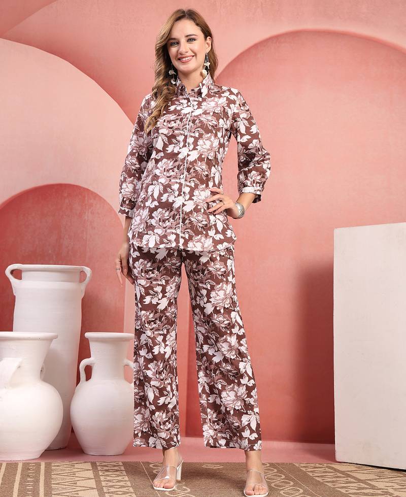 Women brown cotton floral printed co ord sets stitched