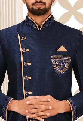 Navy blue dupion arts silk anghrakha design with hand work on collar, hand and chest pocket indo western 3