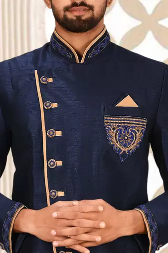 Navy blue dupion arts silk anghrakha design with hand work on collar, hand and chest pocket indo western