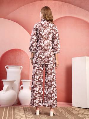Women brown cotton floral printed co ord sets stitched 2