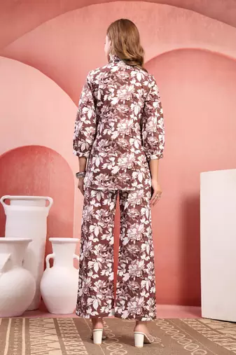Women brown cotton floral printed co ord sets stitched