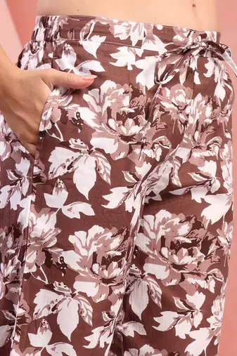Women brown cotton floral printed co ord sets stitched